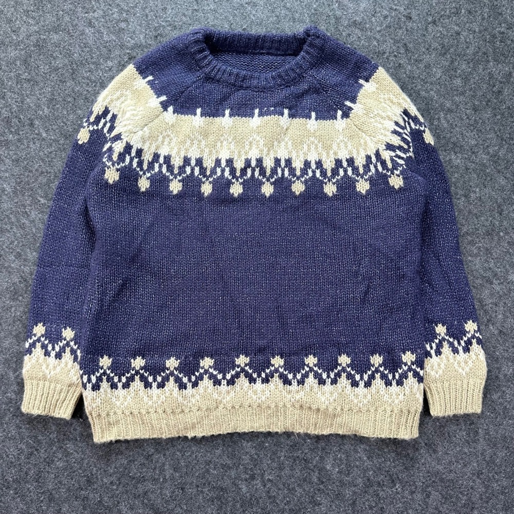 Handcrafted Unisex Navy Blue Fair Isle Nordic Pullover Sweater Large READ
